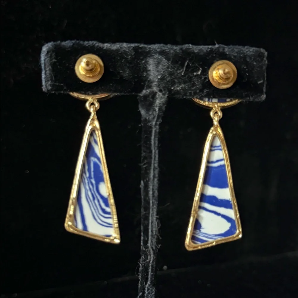 Blue and White Patterned Triangle Gold Border Dangling Statement Post Earrings - Picture 12 of 16